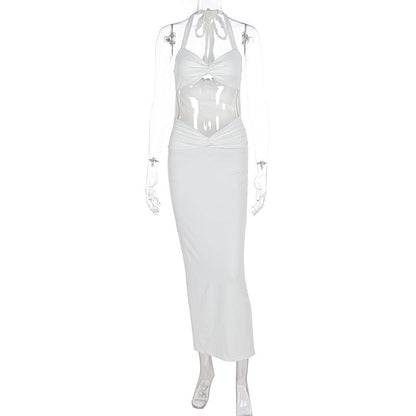 Summer Sexy Solid Color Halter Hollow Out Cutout Sleeveless Slim Fit Hip Dress