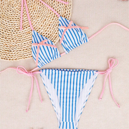 Women Sexy Backless Striped Bikini Deep V Plunge Three Point Bikini Split Swimsuit
