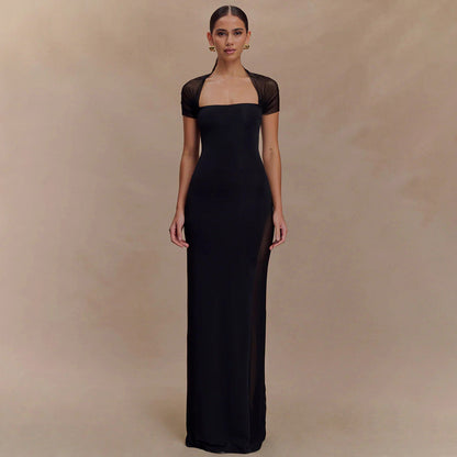 Summer Sexy Tight Waist See through Maxi Dress Elegant Shoulder Baring Solid Color Dress Women Clothing