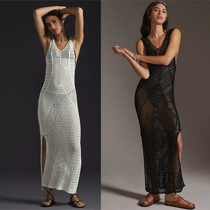 Knitted Beach Cover-up Sexy Hollow Out Cutout Split Vacation Skirt Dress Bikini Cover