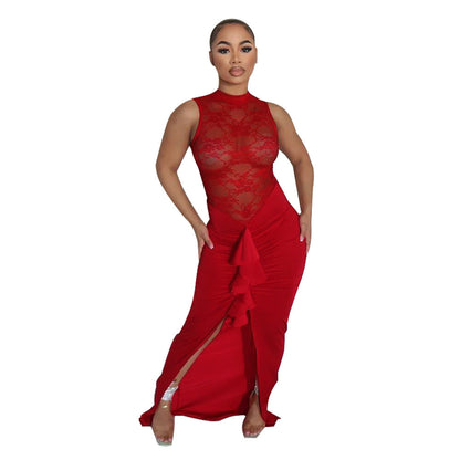 Sexy Women Clothing Sexy See through Lace Stitching Fishtail Dress