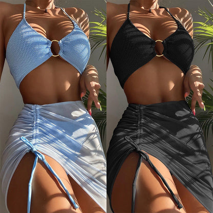 Swimsuit Women Split Three Piece Suit Solid Color Drawstring Lace Sexy Bikini Suit