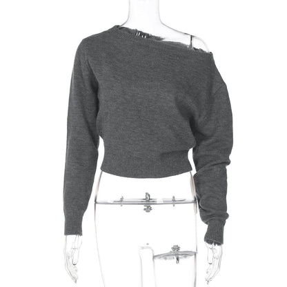 Women Clothing Summer Simple Elegant Slim Fit Sexy Cropped Diagonal Collar Long Sleeve Top