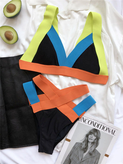 Color Bandage Bikini Sexy Highly Stretch Contrast Color Swimsuit Triangle Bag Swimsuit