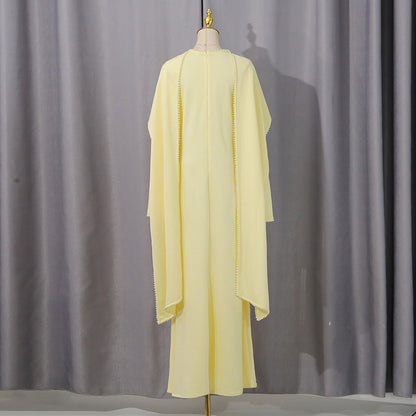 Elegant Solid Color Retro Heavy Industry Beautiful Pearl Shawl High Waist Dress Women