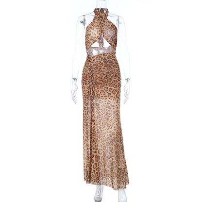 Leopard Print Hollow Out Cutout out Halter Split Print Dress Vacation Beach Party Dress