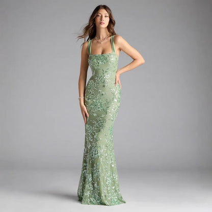 Women Dress Spring Summer Sexy Strap Backless High Slit Socialite Dress