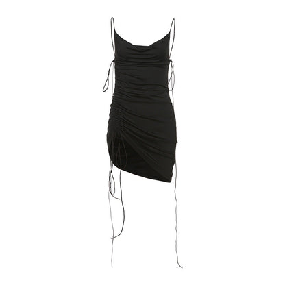 Spring Women Clothing Sexy Swing Collar Backless Solid Color Drawstring Lace Slim Fit Dress