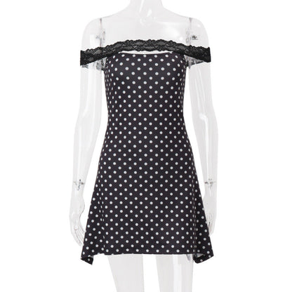 Women Clothing Summer Sexy off Neck Lace Polka Dot Print Slim Fit Sheath Dress