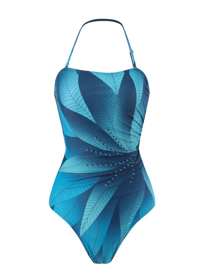 Lonkey French One Piece Two Piece Set Swimsuit Leaf Printed Sheath Dress Conservative Halter Swimsuit Women
