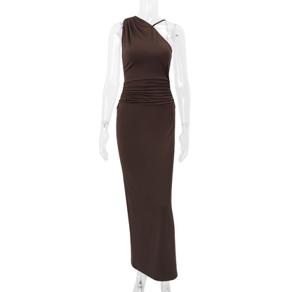 Women Clothing Summer Sexy Slant Shoulder High Waist Slim Fit Slimming Solid Color Sheath Dress