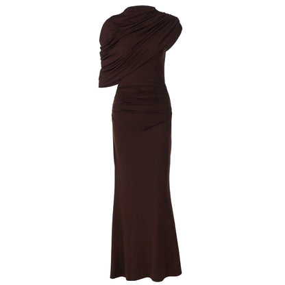 Women Clothing Summer Oblique Shoulder Design Skinny Sheath Pleated Irregular Asymmetric Dress