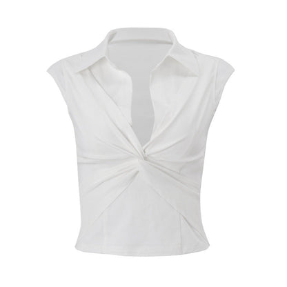 Women Clothing Summer Sexy Polo Collar Twisted Short Solid Color Cropped T shirt Top for Women