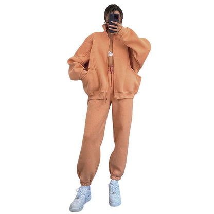 Autumn Winter Solid Color Stand Collar Cardigan Long Sleeve Sweaters Women Clothing Casual Trousers Suit