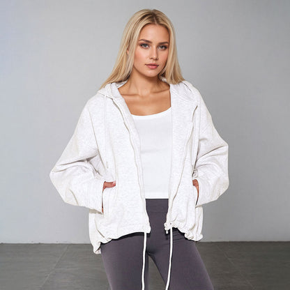 Women Casual Hooded Zipper Polyester Knitted Women Casual Solid Color Original Coat