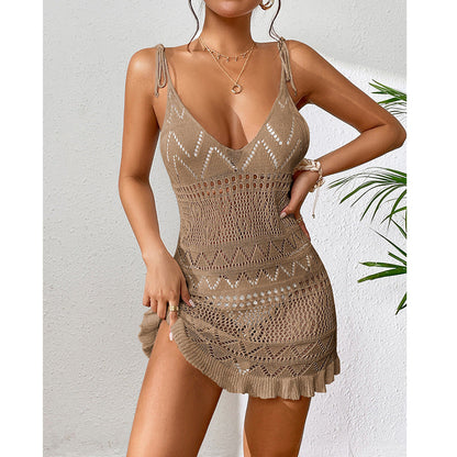 Women Clothing Short Knitted Sling Deep V Plunge See through Sexy Hollow Out Cutout Floral Hem Jumpsuit Knitted Beach Dress Crochet hook