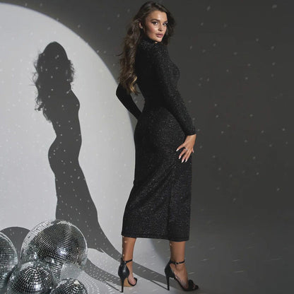 Women Clothing Autumn round Neck Slim Fit Slit Bright Color Dress