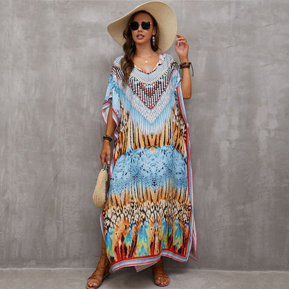 Rayon Positioning Printing Beach Cover Up V Neck Robe Vacation Skirt Bikini Cover