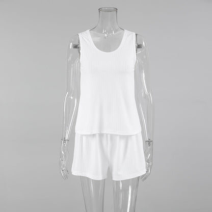 Spring Knitted Sunken Stripe Ladies Homewear Vest Shorts Two Piece Set Casual Soft Simple Pajamas