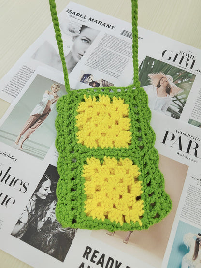 Handmade Woven Women Bag Net Red Ethnic Mobile Phone Bag Color Contrast Patchwork Single-Piece Crossbody Bag