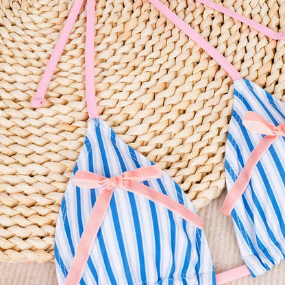 Women Sexy Backless Striped Bikini Deep V Plunge Three Point Bikini Split Swimsuit