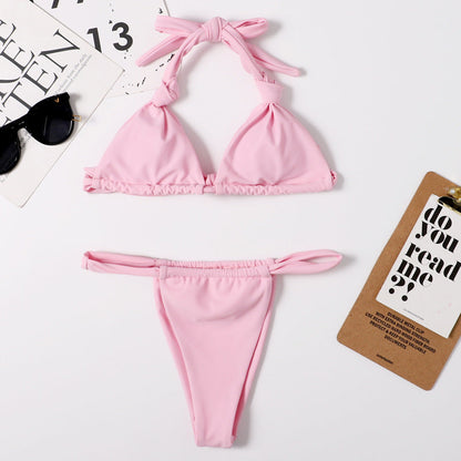 Nylon Double Sided Women Split Solid Color Sexy Bikini Halter Lace Up Triangle Bikini Swimsuit