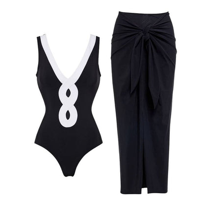Black White Simple Hollow Out Cutout Out Swimsuit Women Skirt Set
