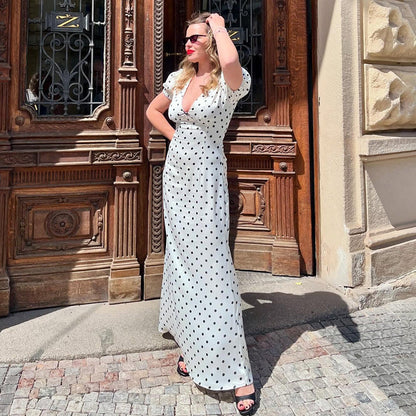 V neck Waist-Controlled Lace up Puff Sleeve Polka Dot Elegant Sexy Slim Dress Maxi Dress