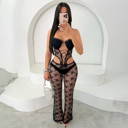 Women Spring Summer Lace Ribbon Padded Halter Lace up Tube Top Hollow Out Cutout-out Cropped Jumpsuit