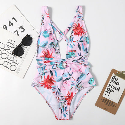 High Waist Backless Lace Up Sexy Women One Piece Printed Swimsuit Bikini Swimsuit