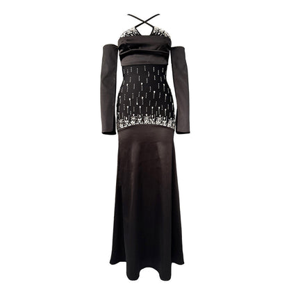 Luxury Beads Rhinestones Sexy Cross Sling Bandage One Piece Dress Dinner Party Dress