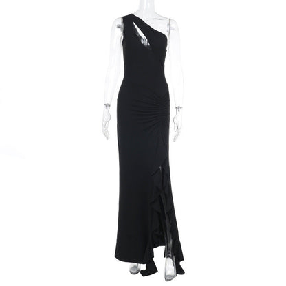 Spring Maxi Dress Elegant Sexy Slim One Shoulder Frill Ribbon Dress