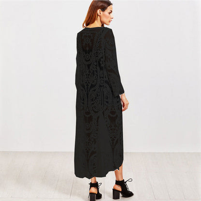 Bohemian Holiday Long Wheat Embroidered Lace Gauzy Cardigan Sun Protection Shirt Beach Cover Up