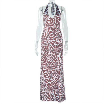 Women Clothing Comfortable Elegant Backless Abstract Printing Suspender Sleeveless U Neck Dress