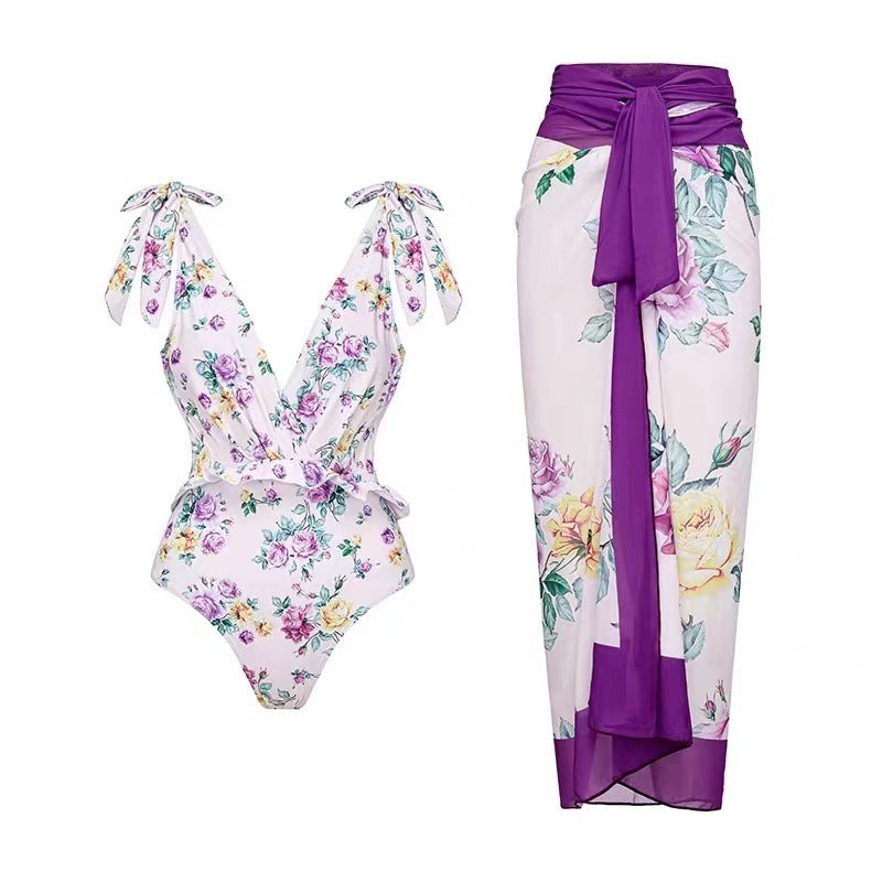 One Piece Swimsuit Women Skinny Slimming Retro Tied Swimsuit Suit Chiffon