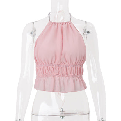 Women Clothing Summer Street Sexy Sexy Cutout Pleated Solid Color Halter Vest Top