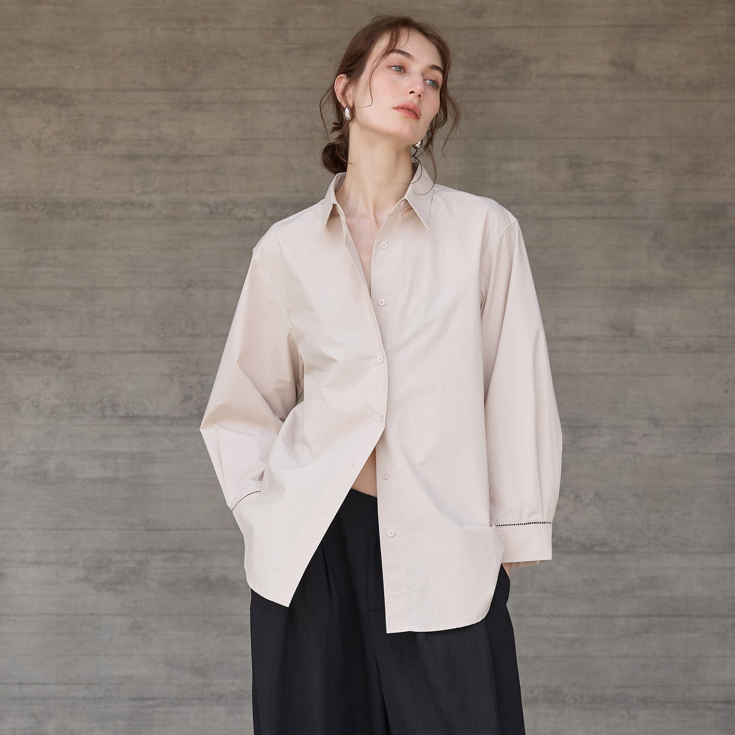 Autumn Winter Cotton Long Sleeved Shirt Women French Lazy Hollow Out Cutout Design Top Mid Length All Matching Shirt