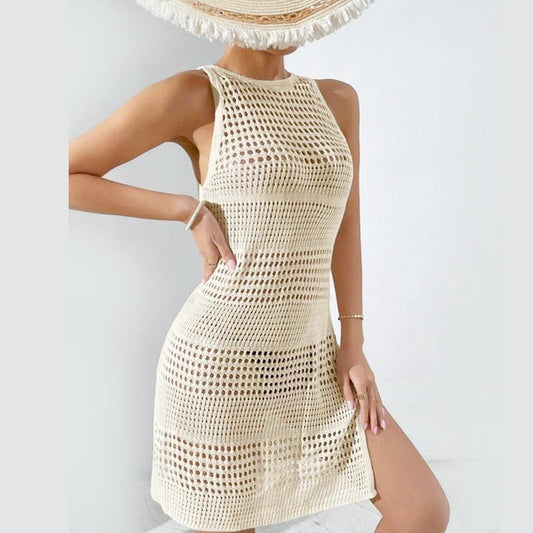 Beach Dress Knitted Hollow Out Cutout Sexy Backless Beach Vacation Bikini Swimsuit Blouse Women