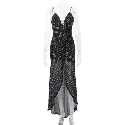 Women Clothing Summer Sexy Vacation Polka Dot Floral Print Slit Slim Strap Dress