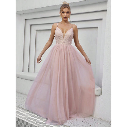 Evening Dress Sexy Hollow Out Cutout out Backless Deep V Plunge Lace Stitching Long Sleeve Dress