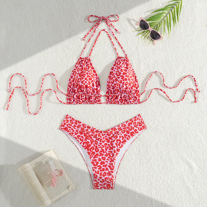 Solid Color Lace Up Adjustable Halter Top Sexy V Shaped Bottom Bikini