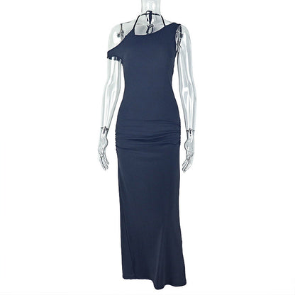 Elegant Women Slim Fit Sheath Elegant One Step Dress Backless Halter Solid Color Split Maxi Dress