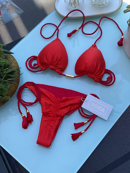 Bikini Special Solid Color Braid Rope Swimsuit Multicolor Bikini