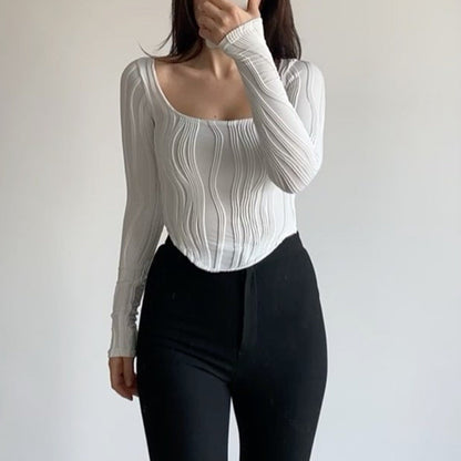 Summer French Design Pleated U Collar Simple Solid Color Slim Fit Long Sleeves Top Women