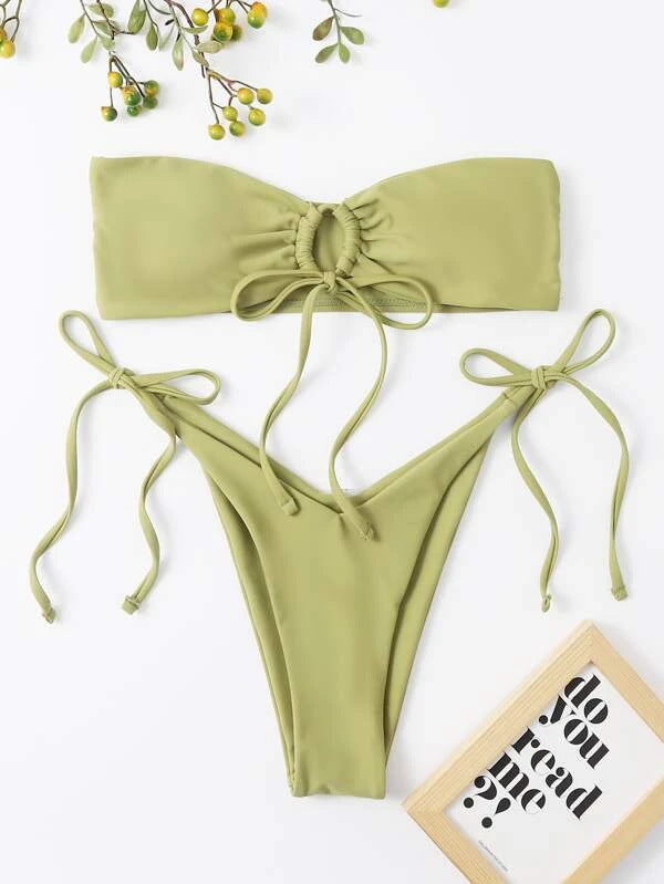 Women Seperated Swimwear Low Waist Basic Strapless Solid Color Tube Top Sexy Bikini