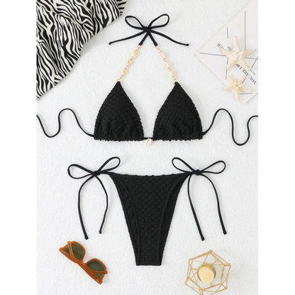 Solid Color Split Swimsuit Bikini High Grade Backless Deep V Plunge Sexy Wind Strap Design Three Point