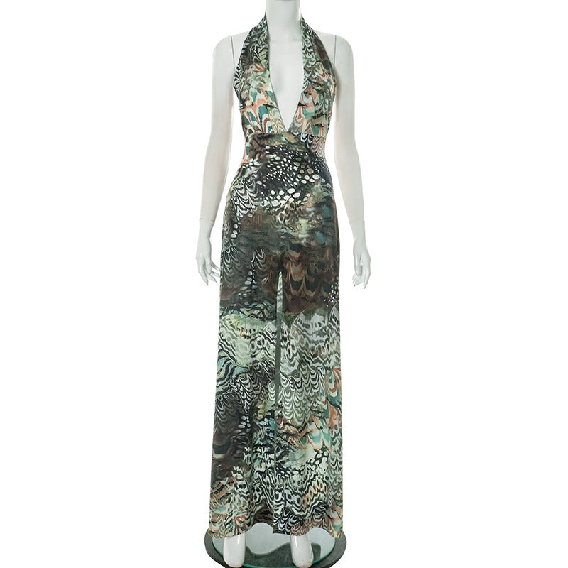 Women Clothing Elegant Halter Deep V Plunge neck Backless Waist Tight Slit Dress Abstract Printing Dress Women
