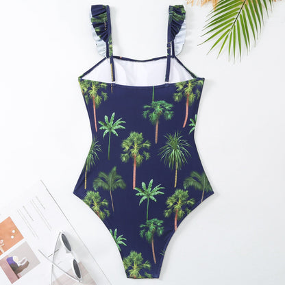 Printed One Piece Women Swimwear Suit European French Retro Covering Belly Thin