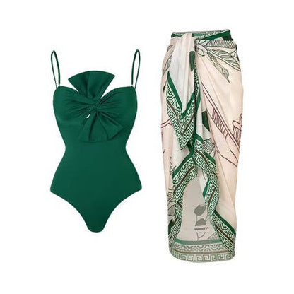 Women Swimsuit Solid Color One Piece Bow Conservative Swimsuit Women