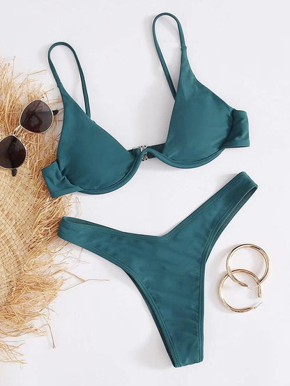 Sexy Bikini Split Gathering Steel Bracket Solid Color Swimsuit Women